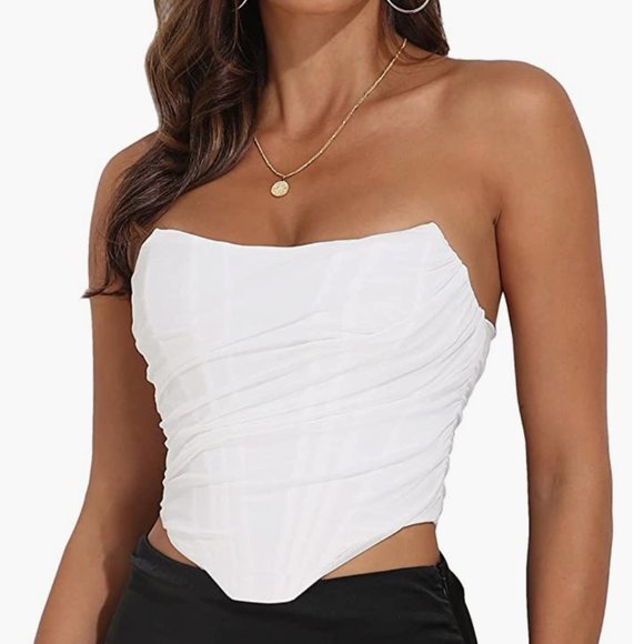 Tops - Modegal Women's Vintage Strapless Open Back Boned Mesh Bustier Zip Back Corset